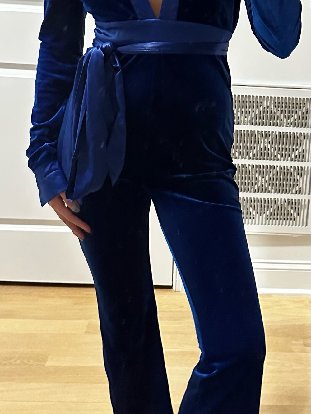 Deep Blue Velvet Wrap Jumpsuit with Satin Tie